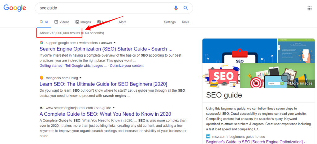Google's Result for keyword 'SEO Guide'